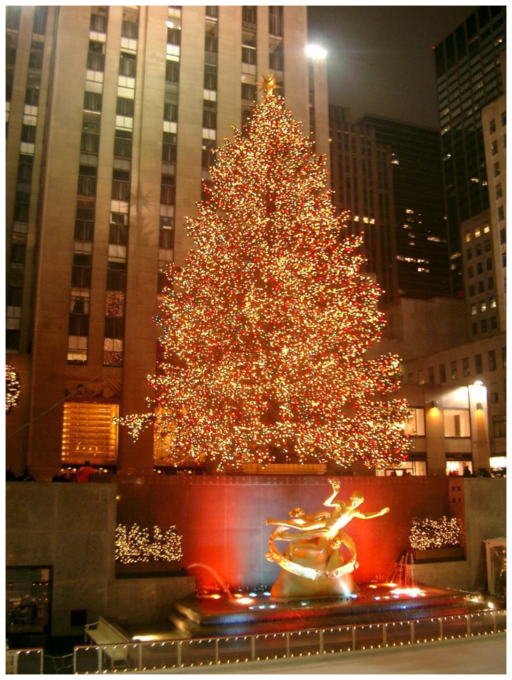 Rockefeller Center Christmas tree and Prometheus fountain at night