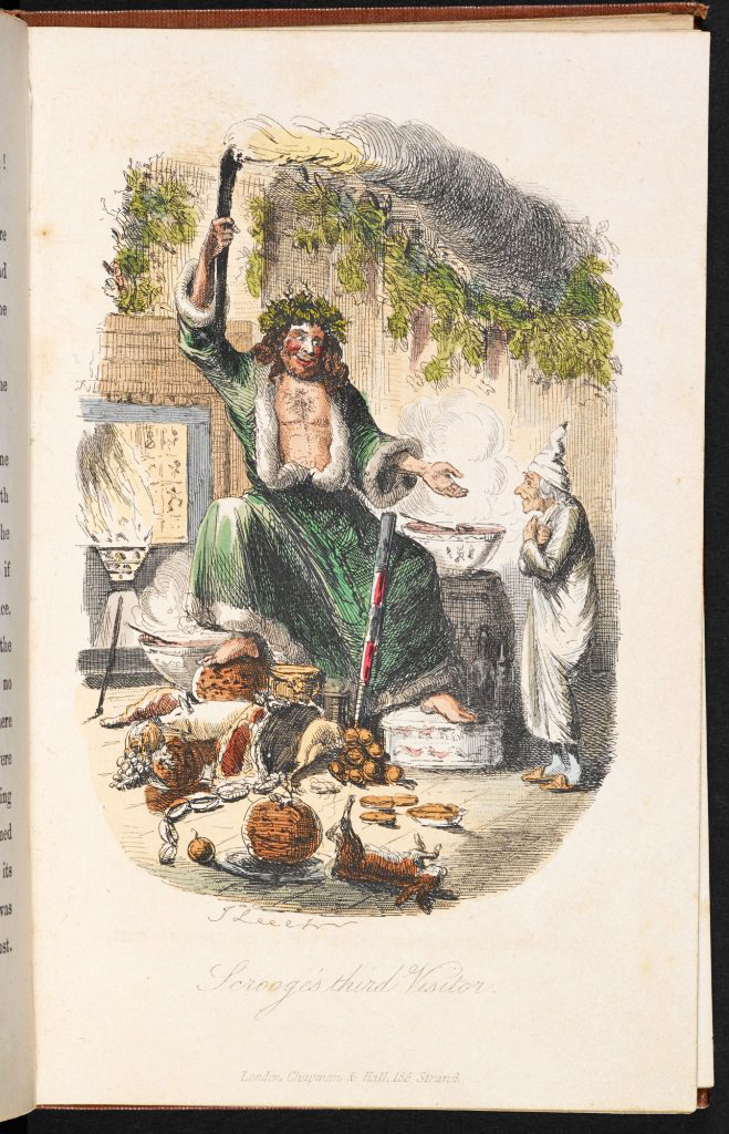 John Leech illustration of Scrooge’s third visitor, the Ghost of Christmas Present