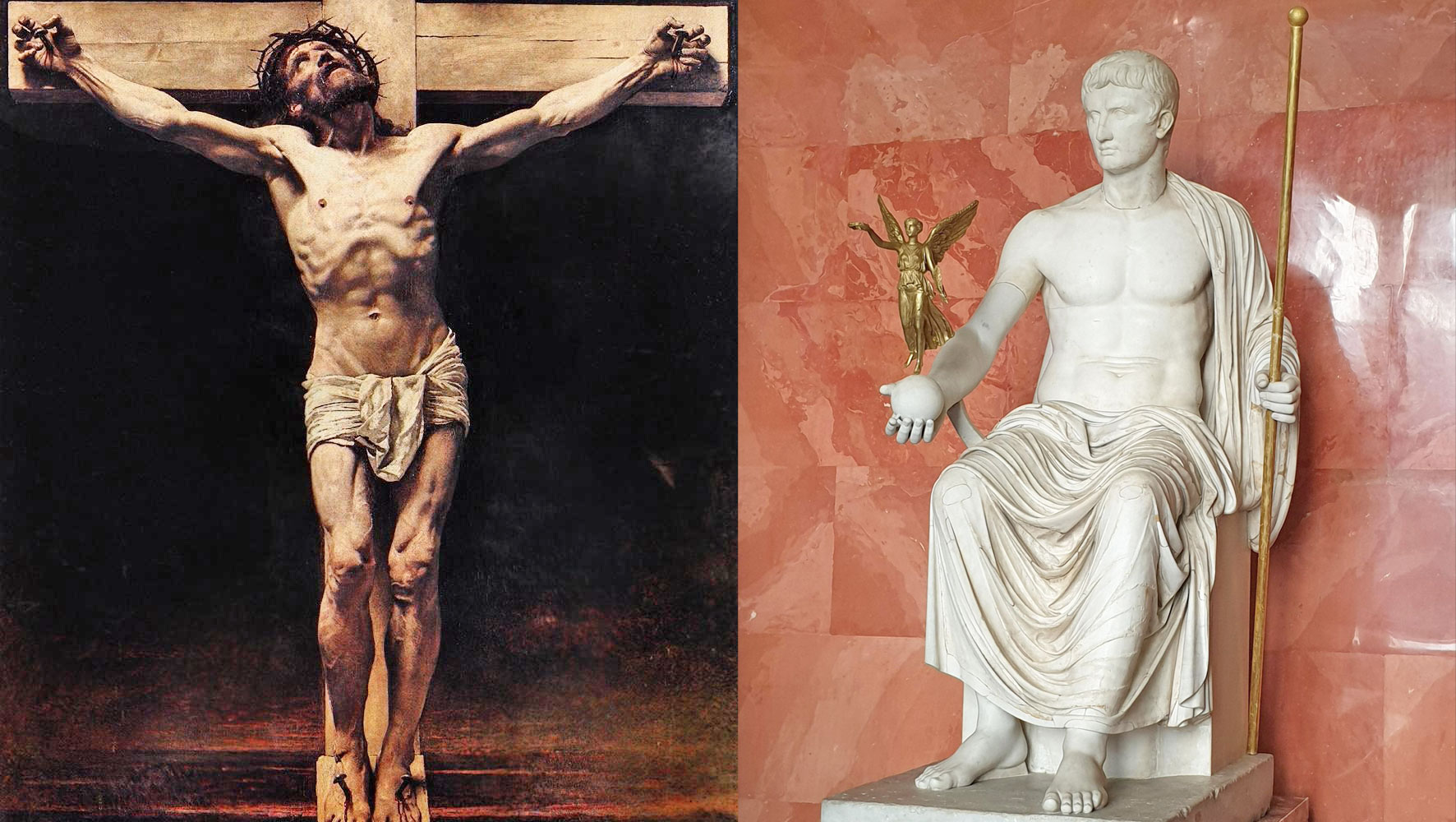 Christ crucified beside a seated statue of deified Caesar Augustus