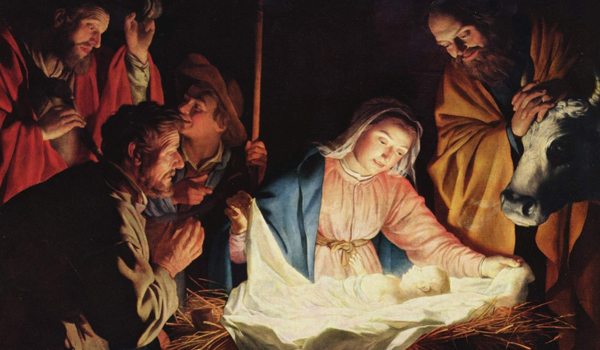 Nativity painting of Mary with the infant Christ in the manger