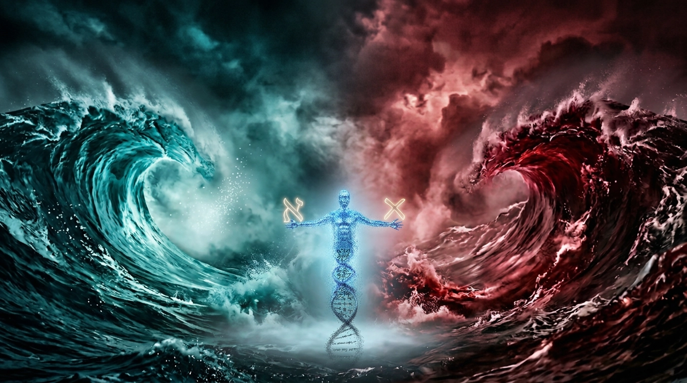 Stylized waves of living water and blood with faint Hebrew letters Aleph and Tav in light—theme for discerning Christ from mystical body-energy frameworks.