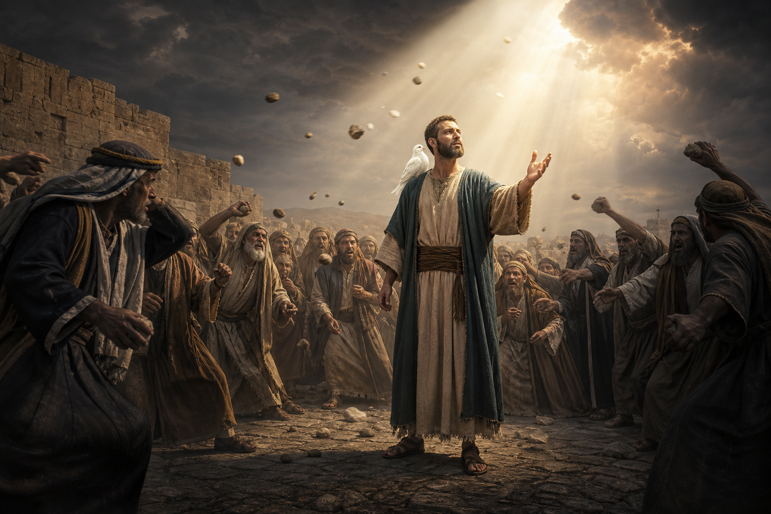Paul confidently preaching as hostile Pharisees surround him, with a dove resting on his shoulder beneath a beam of heavenly light.