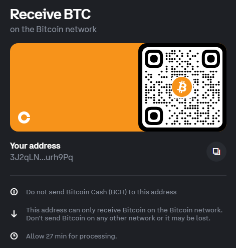 Coinbase Bitcoin QR code and sending instructions