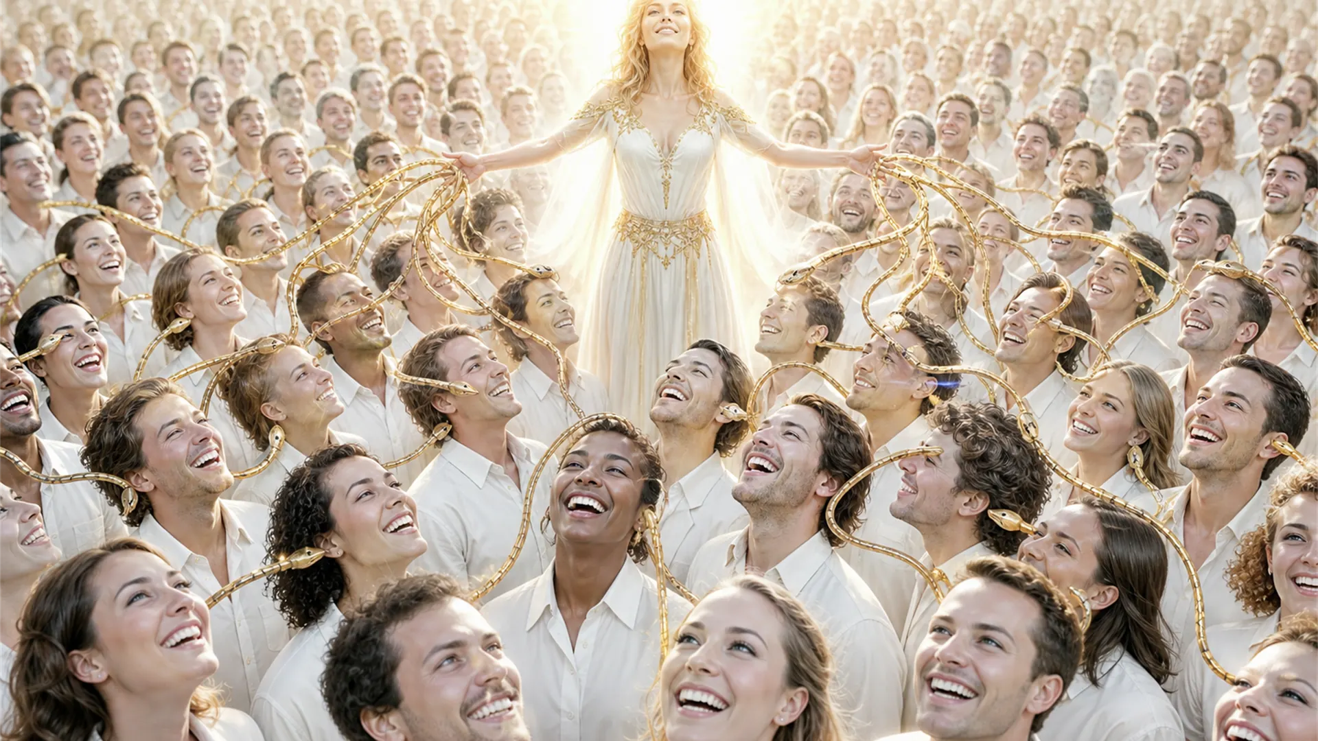 A radiant woman surrounded by a smiling crowd while golden serpents coil around the people.