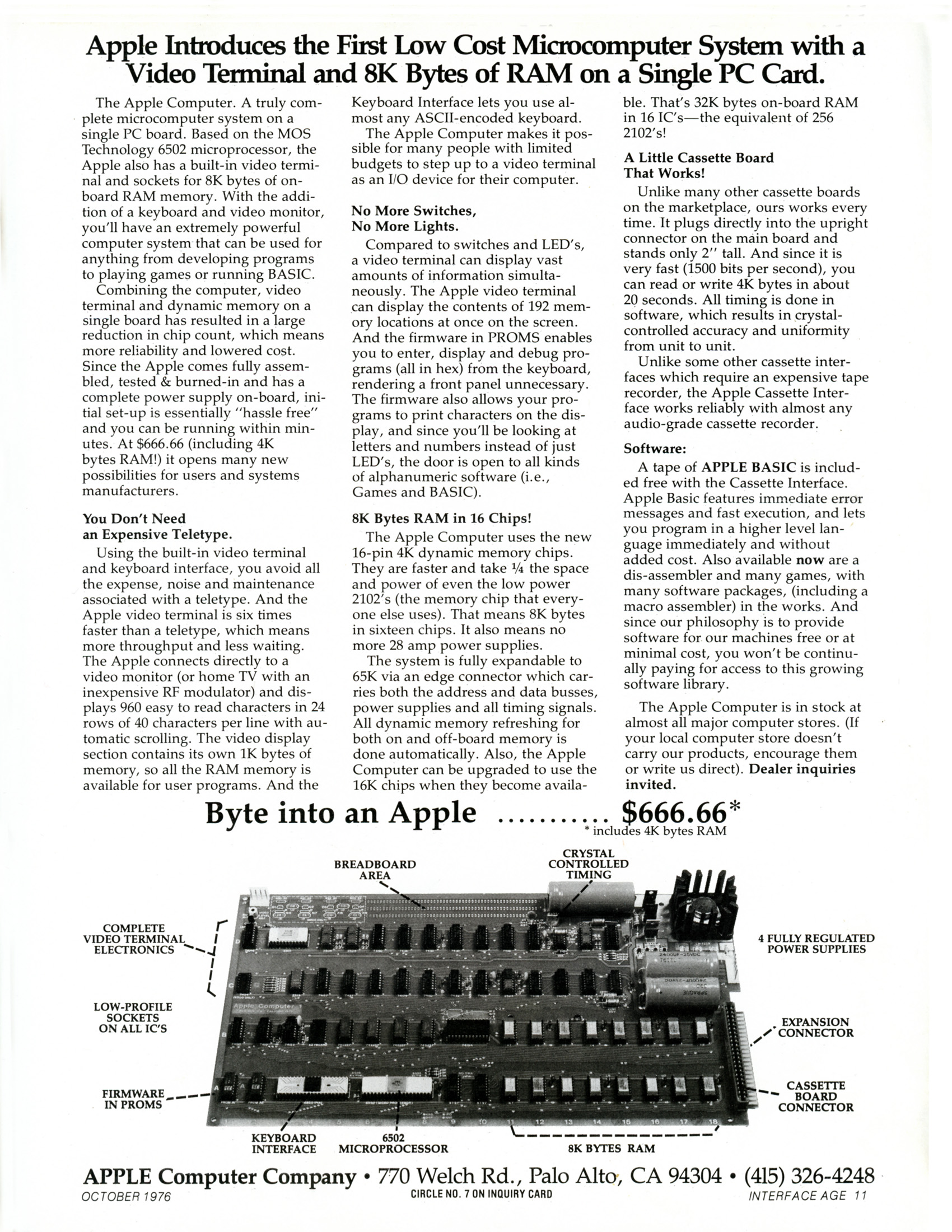 Apple’s first advertisement, offering the Apple I computer for $666.66.