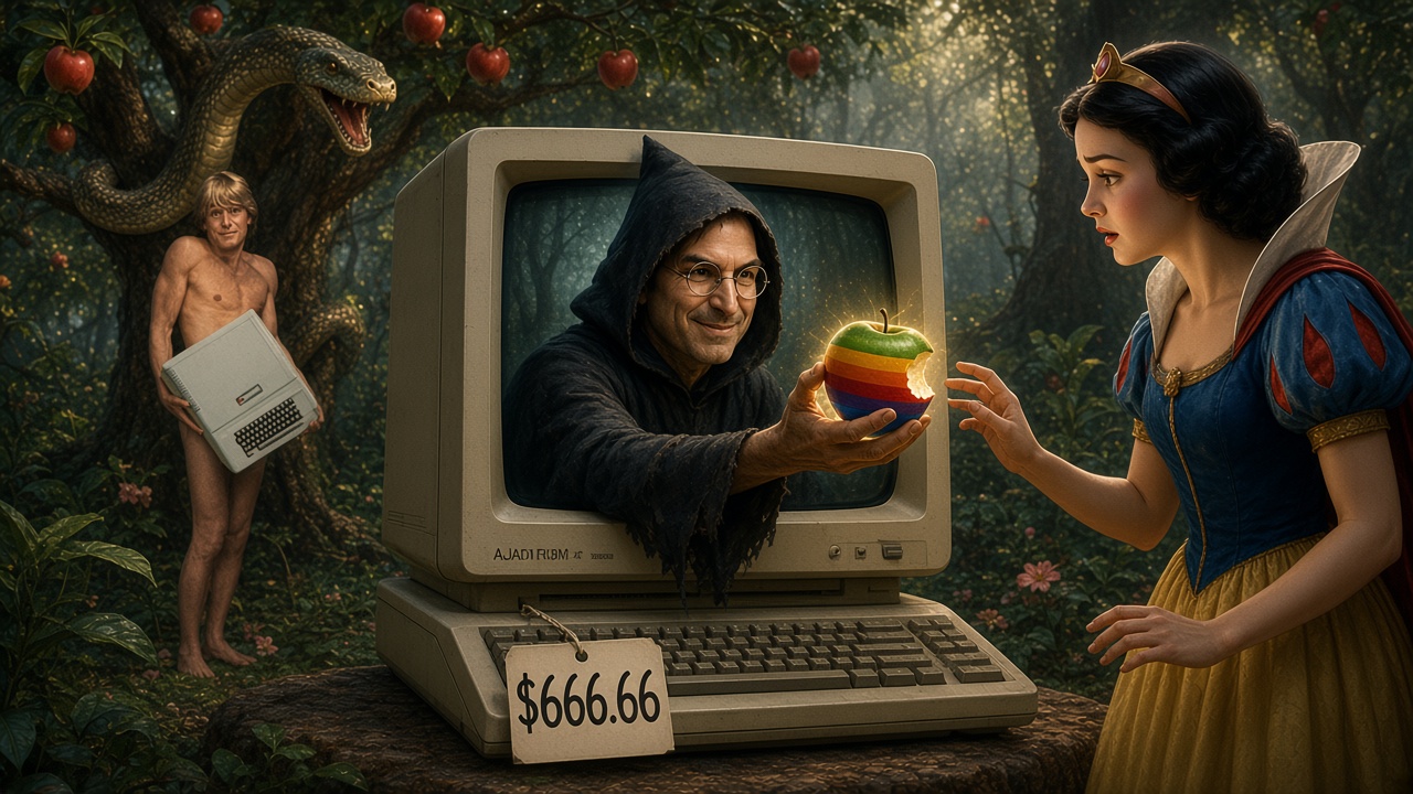 Steve Jobs dressed as Snow White’s old woman emerges from a vintage Apple computer and offers Snow White a rainbow-striped poisoned apple, while Adam and the serpent watch from the garden behind them.