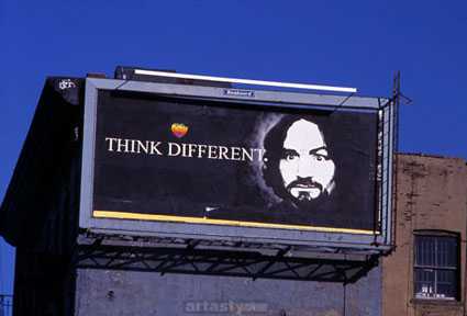 A modified Think Different billboard featuring Charles Manson.