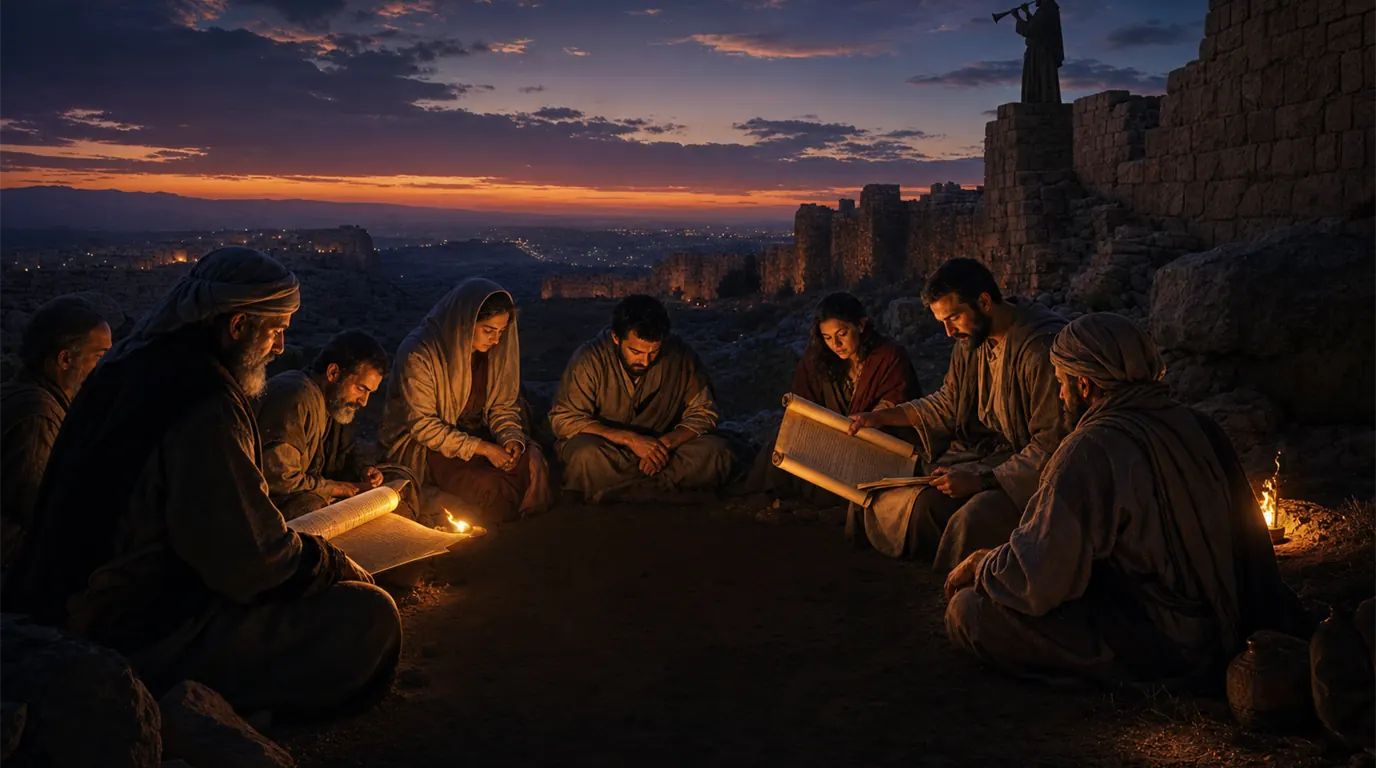 Saints gathered by lamplight outside city walls while a watchman stands with a trumpet.