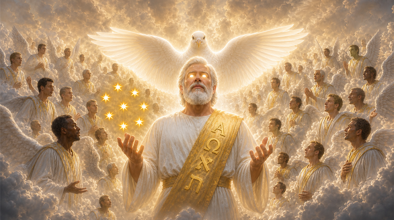 Christ in glory as in Revelation: radiant figure in robe and golden sash, seven stars, light like a sword from his mouth; great luminous dove behind; angels rising from concentric rings of cloud and light.
