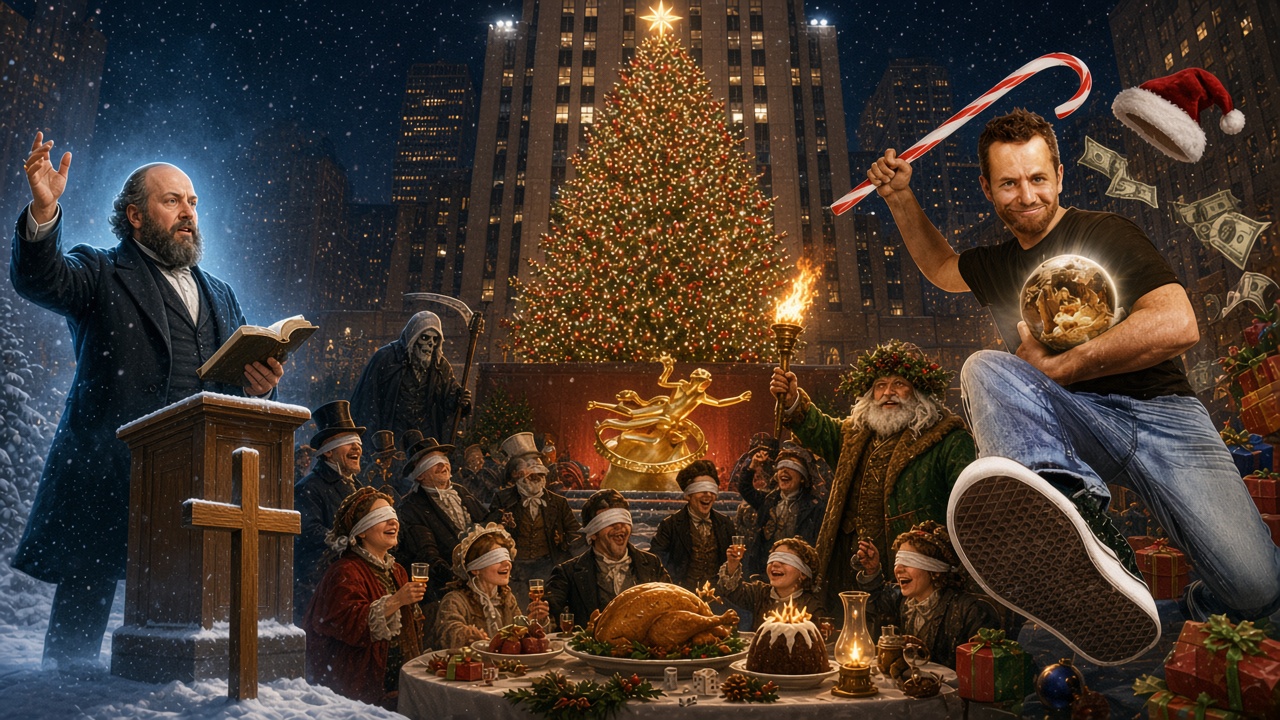 Night at Rockefeller Center: Spurgeon preaching from a pulpit beside a cross, blindfolded Victorian revelers feasting before the Christmas tree and gilded Prometheus, the Holly King with a torch, a hooded figure with a scythe, and Kirk Cameron leaping in with a candy cane and a nativity snow globe.