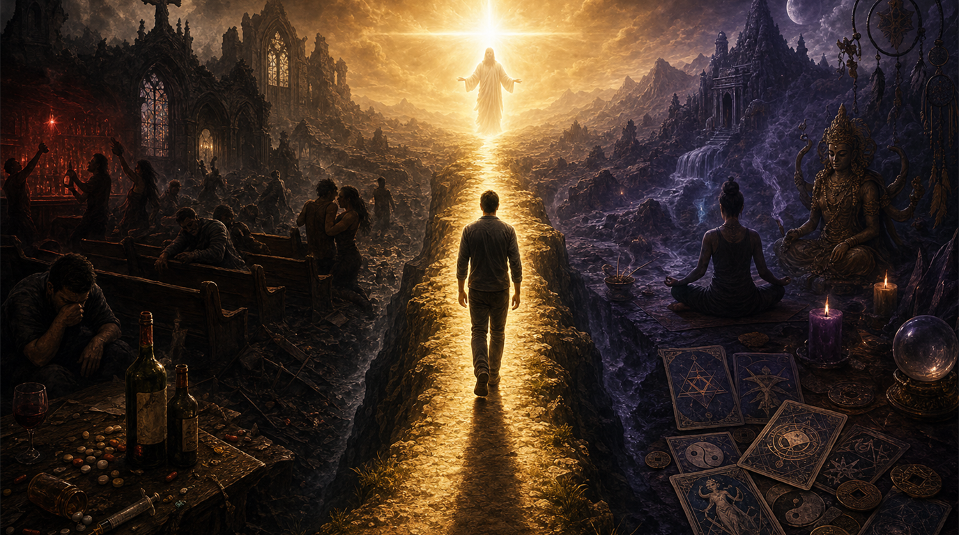 A path from corrupted religion through occult darkness toward Scripture and the cross in golden light.