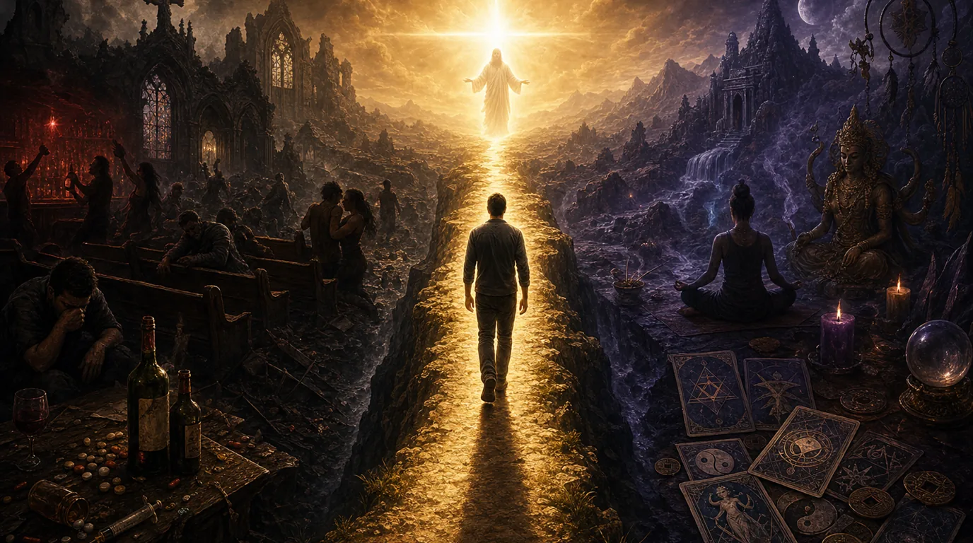A path from corrupted religion through occult darkness toward Scripture and the cross in golden light.