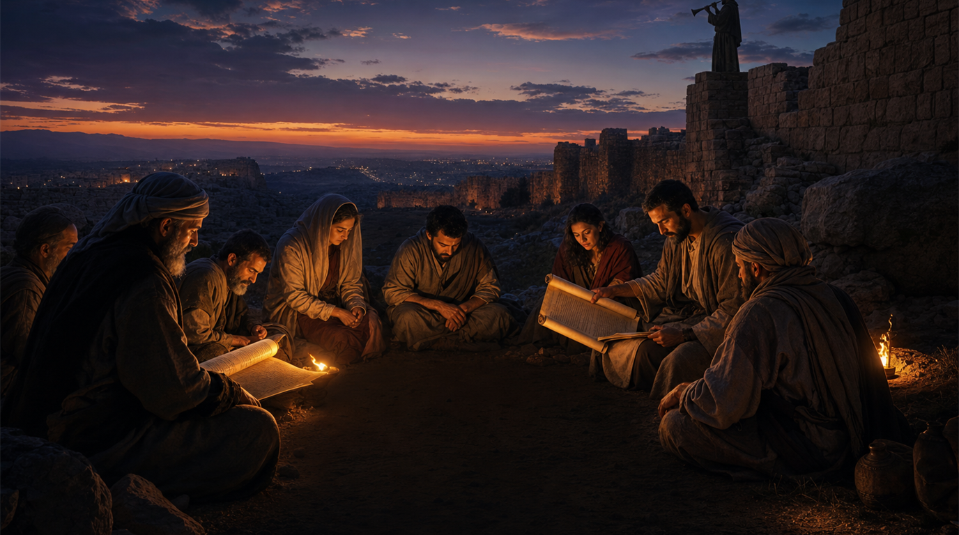 Saints gathered by lamplight outside city walls while a watchman stands with a trumpet.