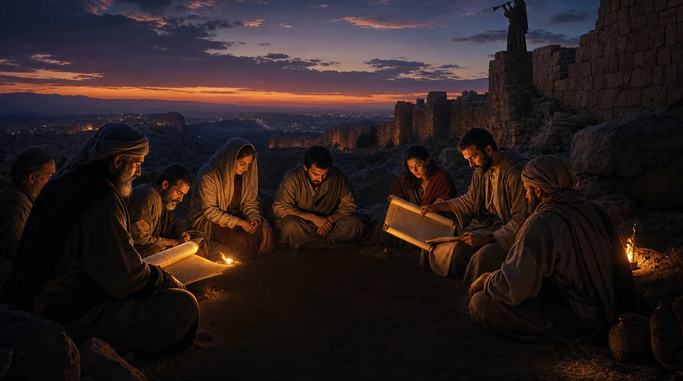 Saints gathered by lamplight outside city walls while a watchman stands with a trumpet.