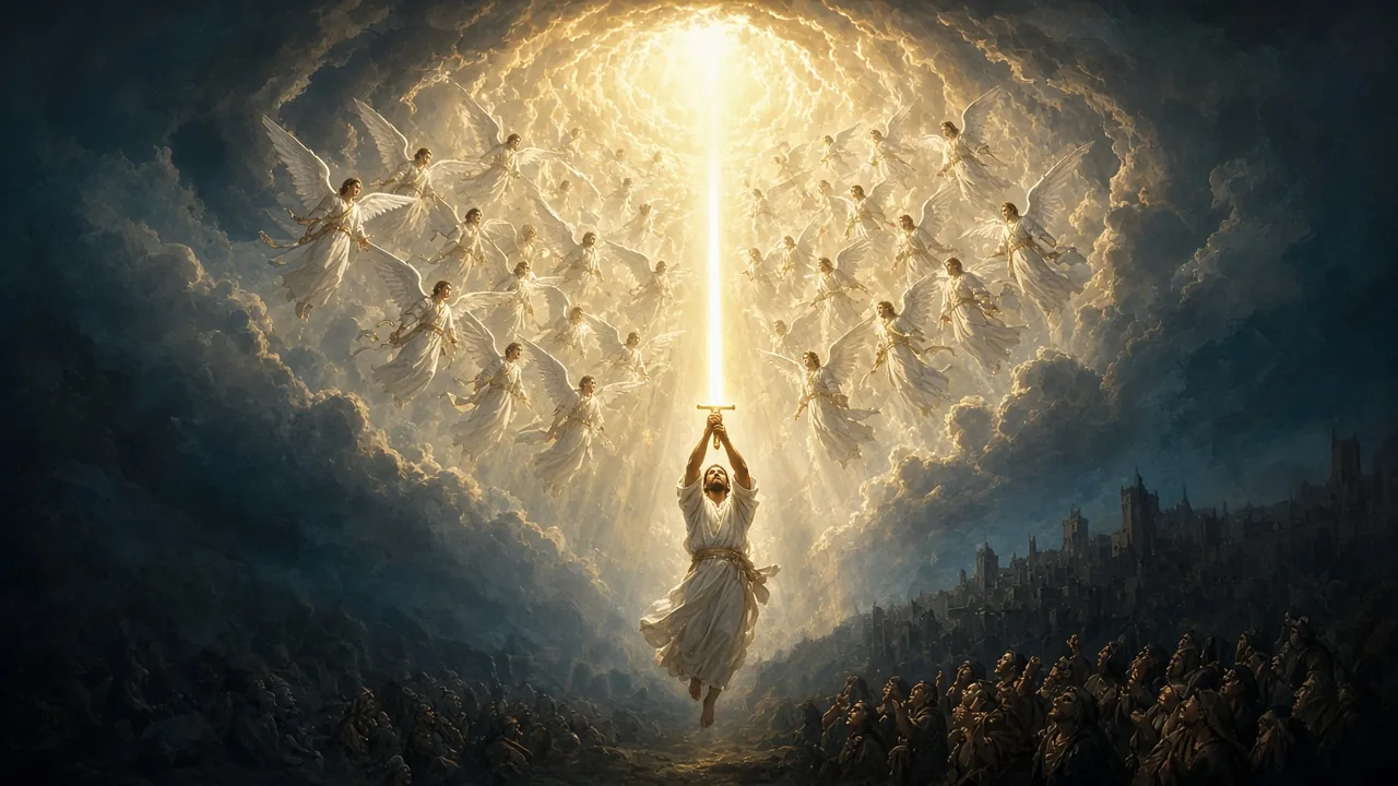 A short-haired man is lifted from a darkened earth, raising a sword of light to meet ranks of angels descending through a break in the clouds above a shadowed city.