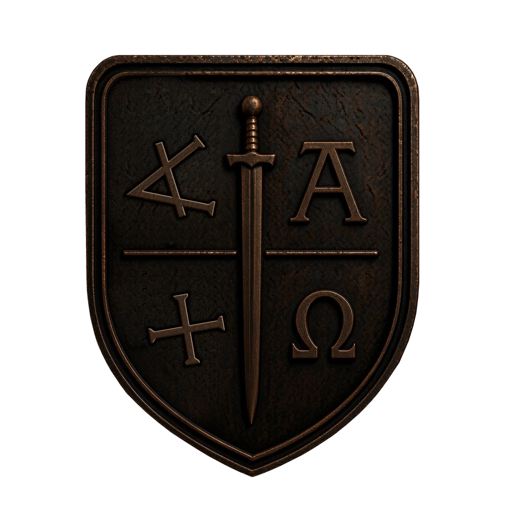 Shield emblem: Paleo-Hebrew aleph and tav on the left, Greek alpha and omega on the right, divided by a sword